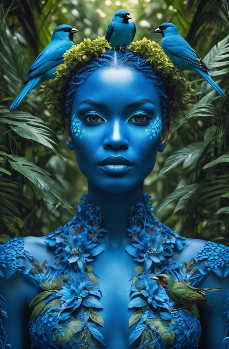 00152-fashion photography portrait of blue human avatar, in blue lush jungle with flowers and birds, symetrical, octane render, 35mm,.png